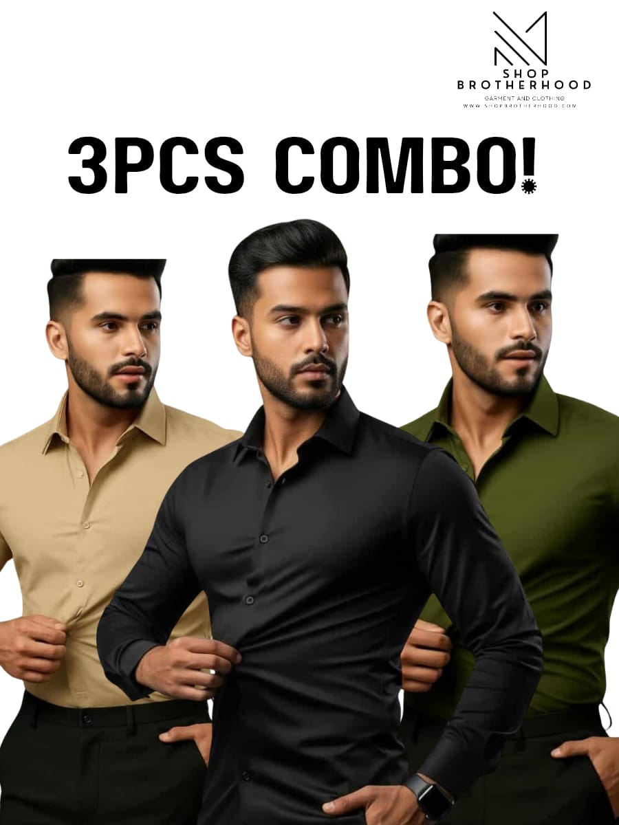 3 Pcs Formal Shirt Combo –Pastel Green , Olive, Black